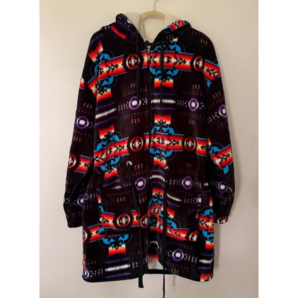 Genesis Heavy Weight Southwest Aztec Plush Sherpa Lined Hooded Long Jacket XXL